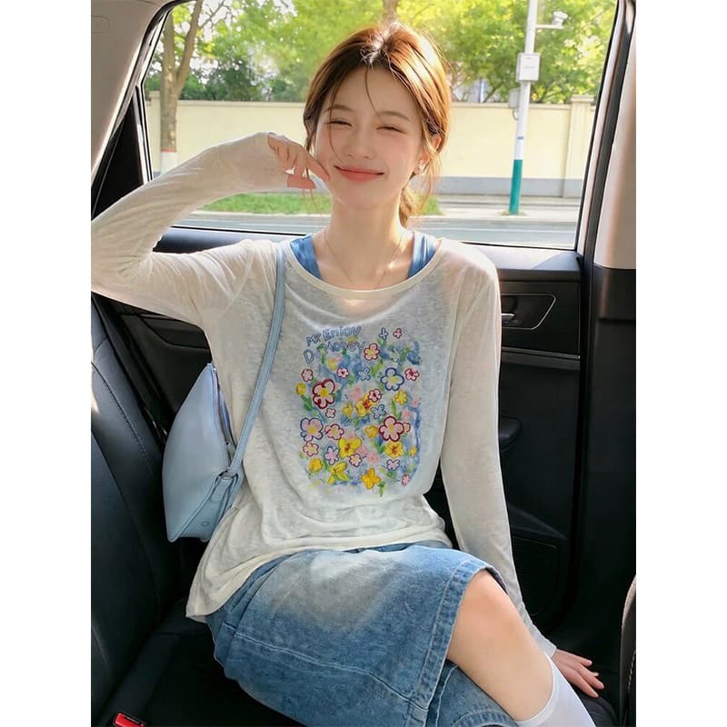 주간 실크 리브 사람들 면 빅 사이즈 여름 새로운 프린트 달콤한 스타일 자외선 차단 블라우스 긴팔 티셔츠 여성 투피스 세트 이미지 5