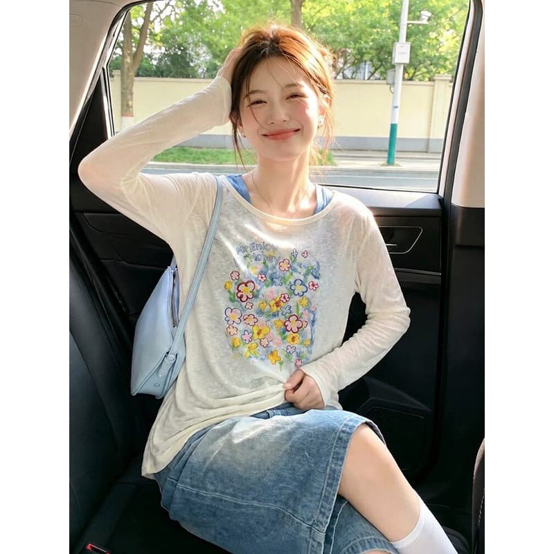 주간 실크 리브 사람들 면 빅 사이즈 여름 새로운 프린트 달콤한 스타일 자외선 차단 블라우스 긴팔 티셔츠 여성 투피스 세트 상세 이미지 5