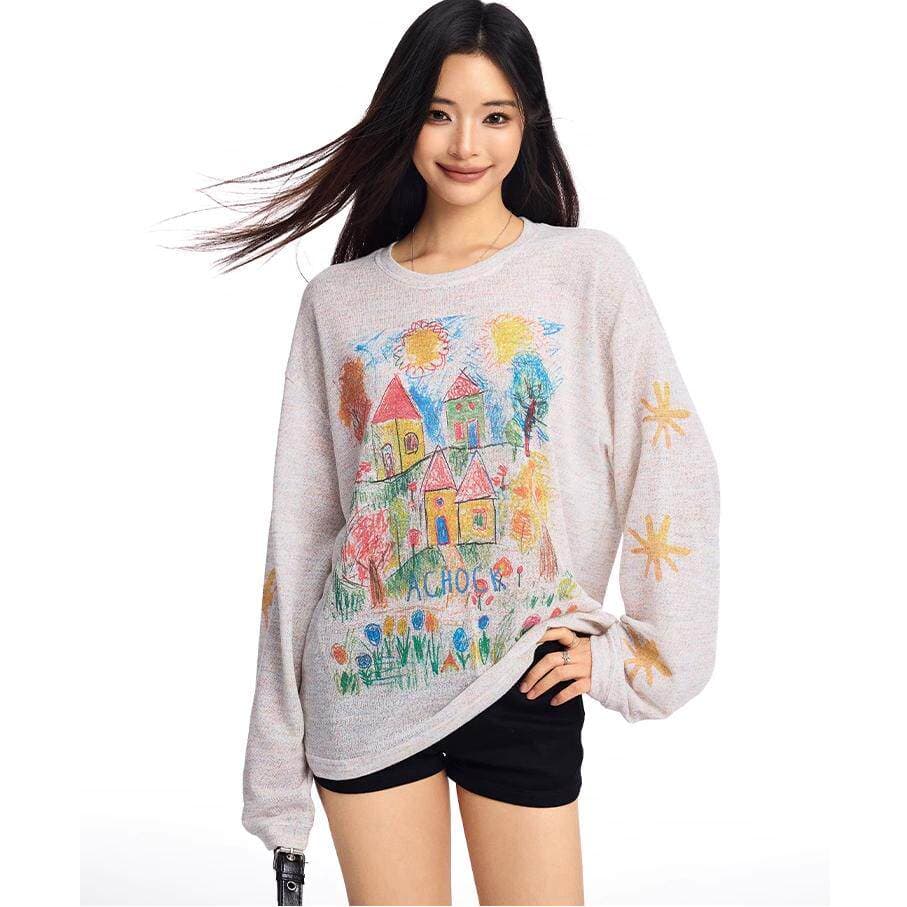 캐주얼 패션 낙서 블라우스 티셔츠 레트로 여성 2026 년 여름 새로운 통기성 긴팔 루즈핏 라운드 넥 맨위 상세 이미지 2