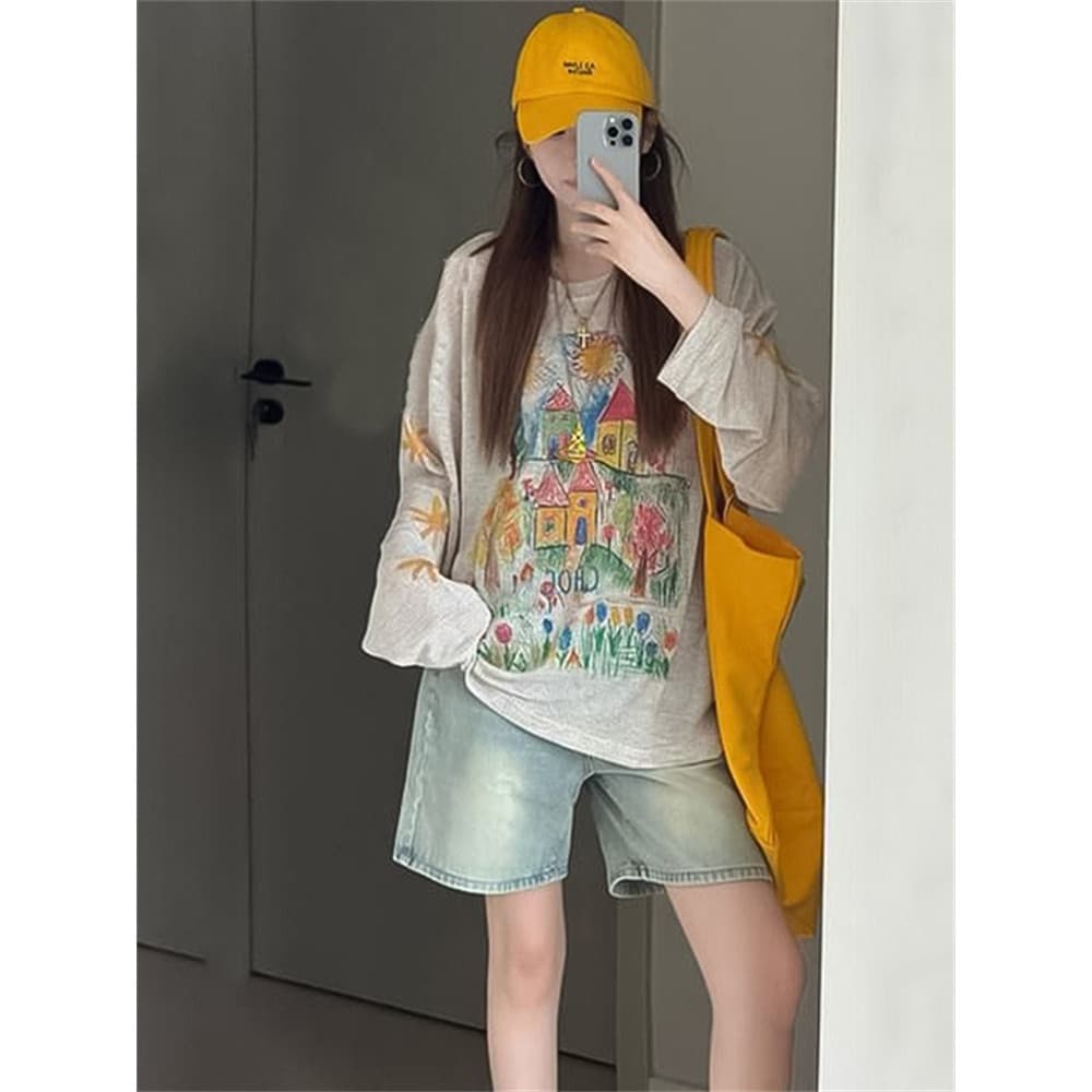 아메리칸 레트로 조수 브랜드 수채화 낙서 2026 여름 통기성 자외선 차단 블라우스 긴팔 티셔츠 여성 기본 셔츠 맨위 상세 이미지 2