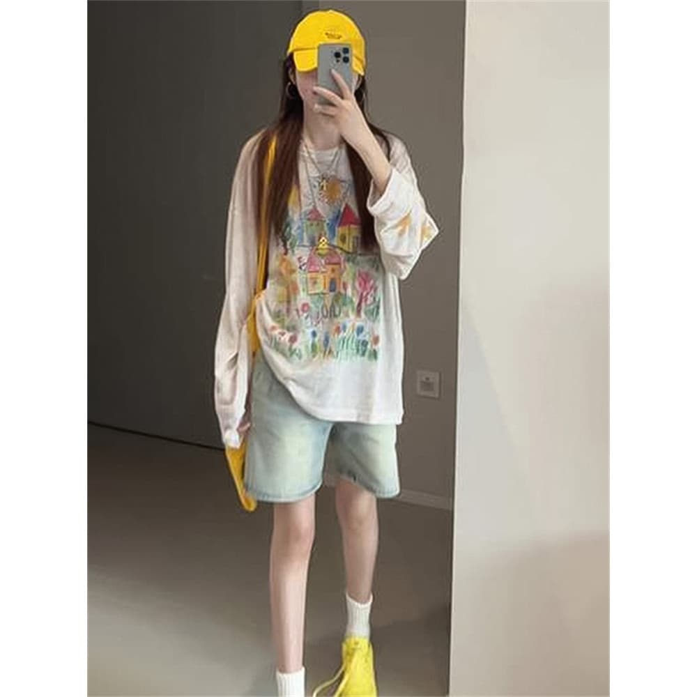 아메리칸 레트로 조수 브랜드 수채화 낙서 2026 여름 통기성 자외선 차단 블라우스 긴팔 티셔츠 여성 기본 셔츠 맨위 상세 이미지 6