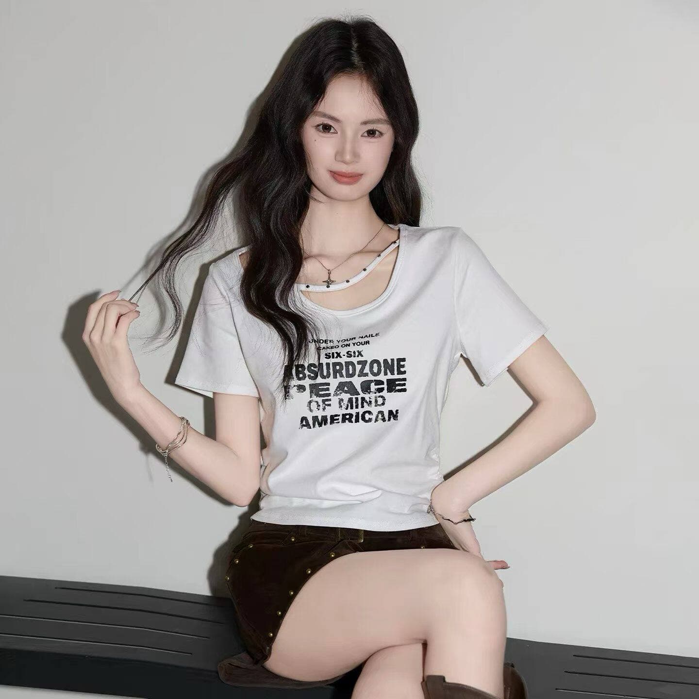 리브 차가운 실크 코튼 리브 빅 사이즈 디자인 센스 홀로우 아웃 반팔 여성 아모이 핫걸 순수한 욕망 바람 허리 수축 맨위 이미지 4