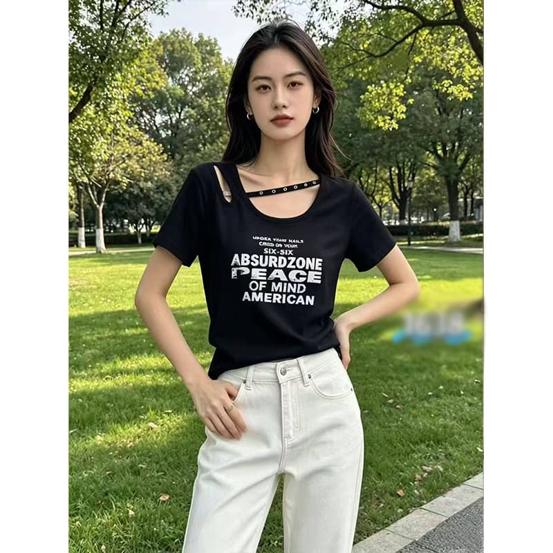 리브 차가운 실크 코튼 리브 빅 사이즈 알파벳 프린트 여성 2026 여름 새로운 라운드 넥 허리 수축 슬림해 보이는 맨위 이미지 3