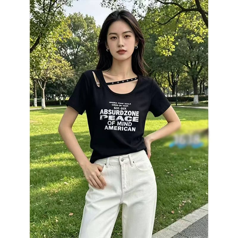 리브 차가운 실크 코튼 리브 빅 사이즈 알파벳 프린트 여성 2026 여름 새로운 라운드 넥 허리 수축 슬림해 보이는 맨위