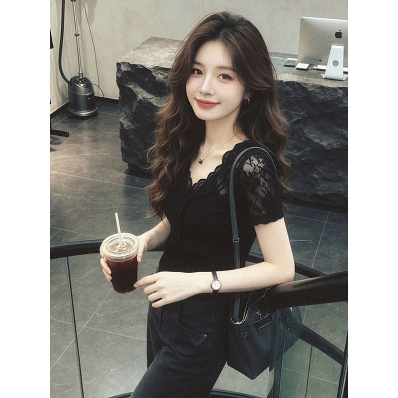 사람들 면 260 그램 빅 사이즈 V넥 레이스 조각 반팔 티셔츠 여성 여름 새로운 몸매 가꾸기 슬림해 보이는 인사이드 잡아라. 의류 상세 이미지 4