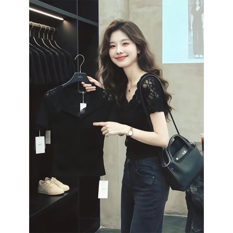 사람들 면 260 그램 빅 사이즈 V넥 레이스 조각 반팔 티셔츠 여성 여름 새로운 몸매 가꾸기 슬림해 보이는 인사이드 잡아라. 의류 상세 이미지 6