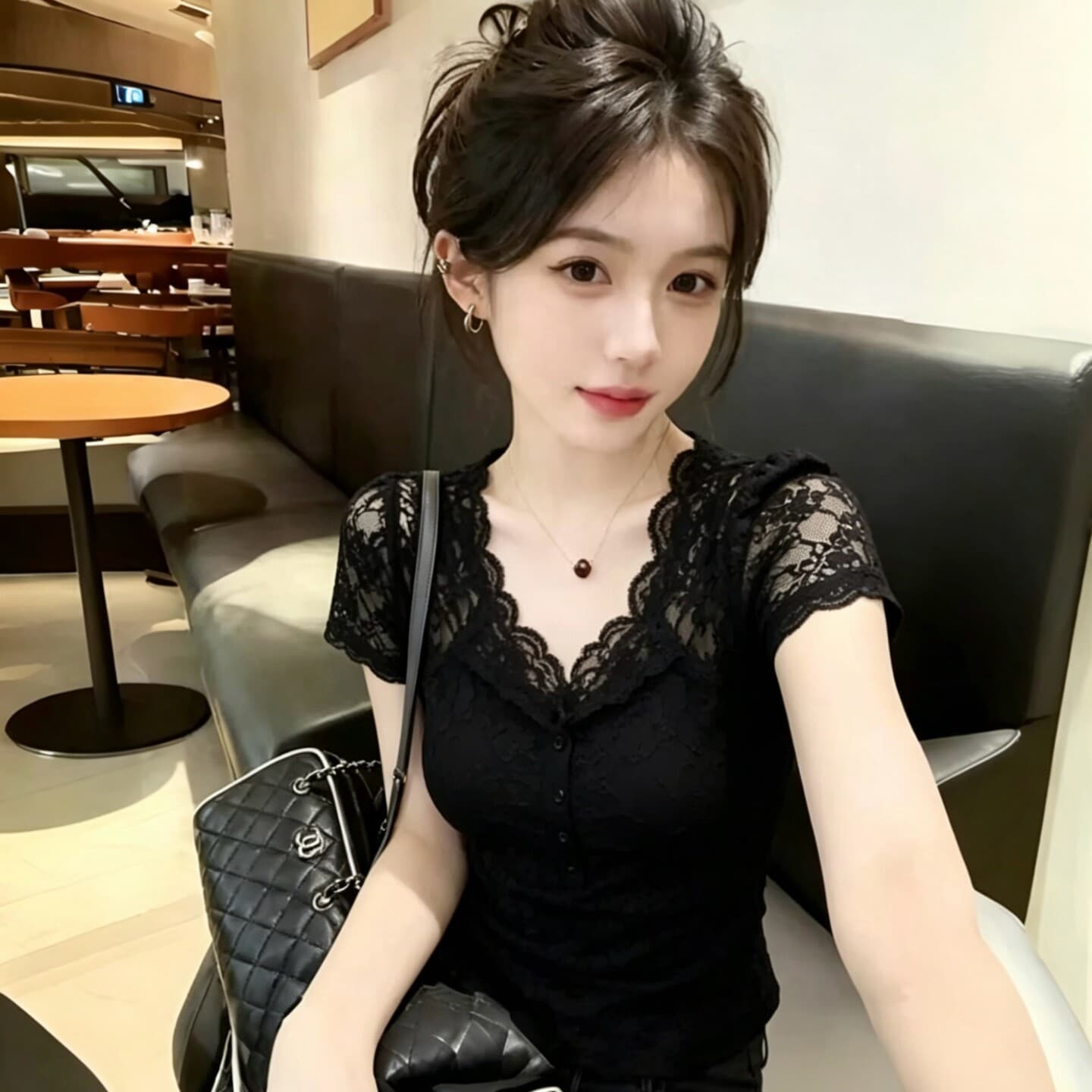사람들 면 260 그램 빅 사이즈 핫걸 바람 V넥 반팔 여성 2026 여름 새로운 레이스 조각 몸매 가꾸기 맨위 상세 이미지 2