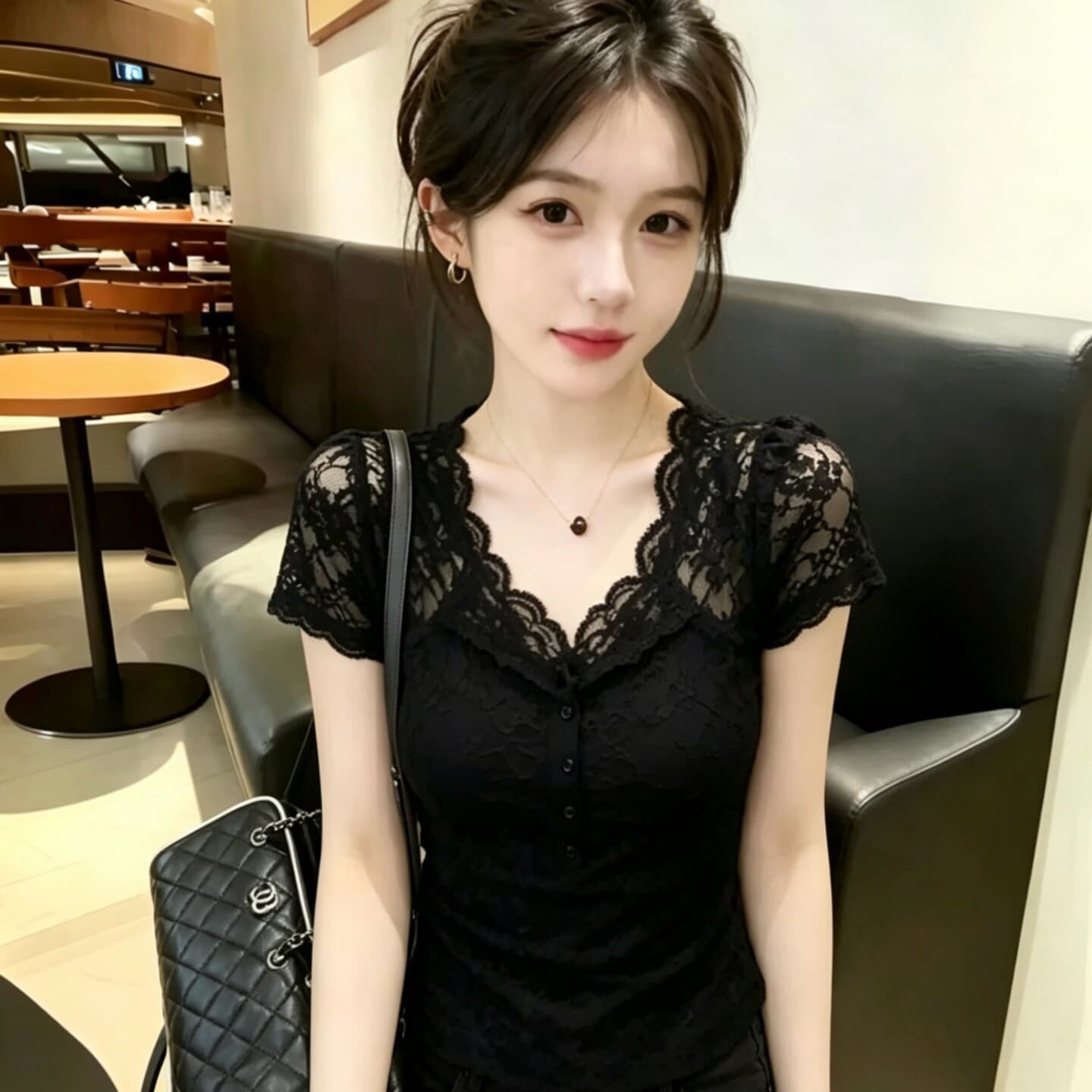 사람들 면 260 그램 빅 사이즈 핫걸 바람 V넥 반팔 여성 2026 여름 새로운 레이스 조각 몸매 가꾸기 맨위 상세 이미지 3