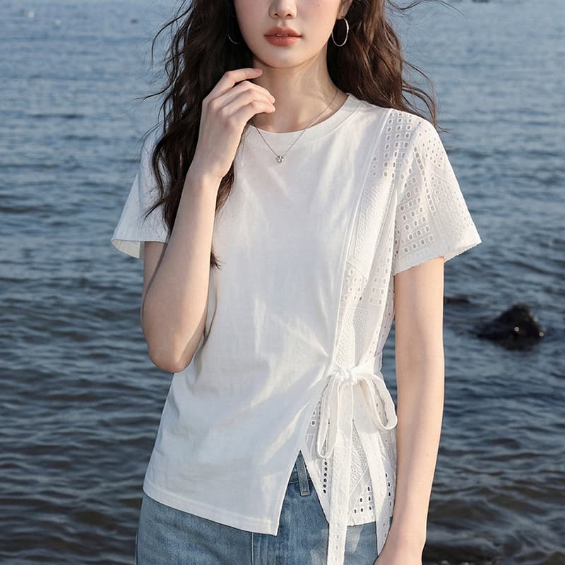 면 당겨 프레임 1 1 음식 털 빅 사이즈 여성 패치워크 반팔 티셔츠 2026 여름 새로운 허리 수축 맨위 이미지 5