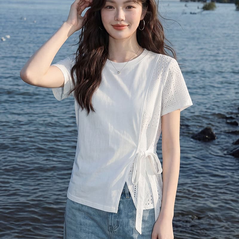 면 당겨 프레임 1 1 음식 털 빅 사이즈 여성 패치워크 반팔 티셔츠 2026 여름 새로운 허리 수축 맨위