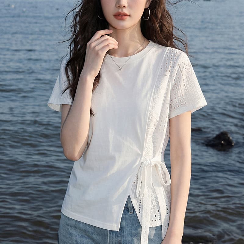 면 당겨 프레임 1 1 음식 털 빅 사이즈 여성 패치워크 반팔 티셔츠 2026 여름 새로운 허리 수축 맨위 상세 이미지 2