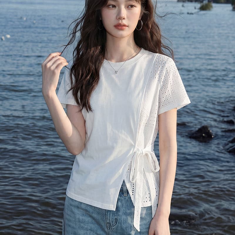 면 당겨 프레임 1 1 음식 털 빅 사이즈 여성 패치워크 반팔 티셔츠 2026 여름 새로운 허리 수축 맨위 상세 이미지 5