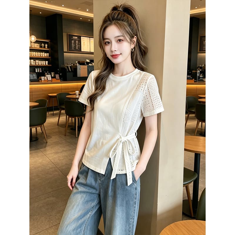순면 당겨 프레임 1 1 음식 털 빅 사이즈 몸매 가꾸기 라운드 넥 반팔 티셔츠 여성 여름 새로운 디자인 센스 맨위 이미지 2
