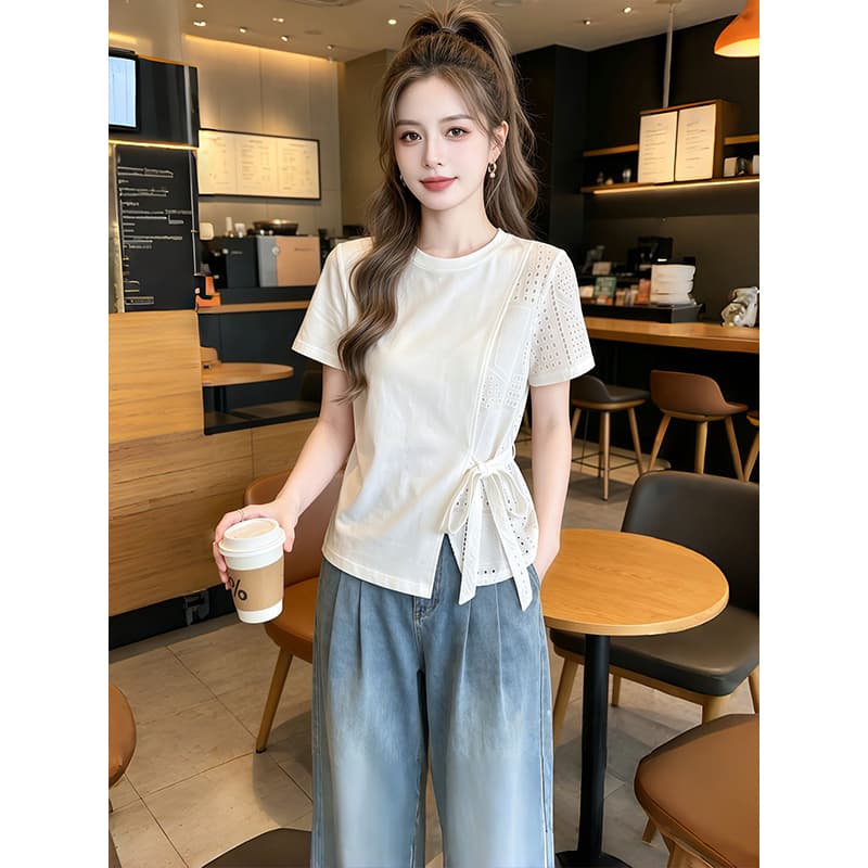 순면 당겨 프레임 1 1 음식 털 빅 사이즈 몸매 가꾸기 라운드 넥 반팔 티셔츠 여성 여름 새로운 디자인 센스 맨위 이미지 3