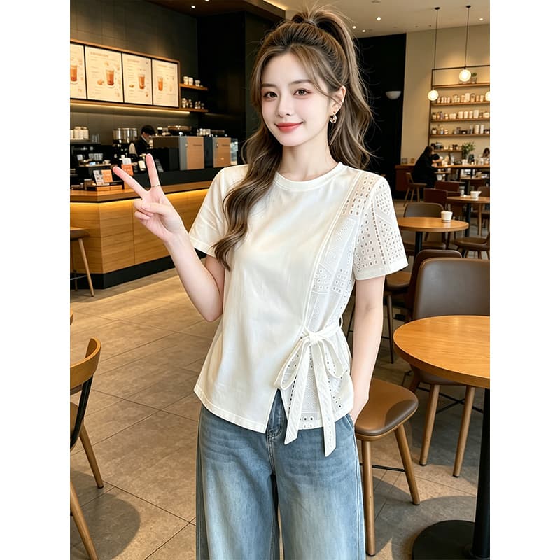 순면 당겨 프레임 1 1 음식 털 빅 사이즈 몸매 가꾸기 라운드 넥 반팔 티셔츠 여성 여름 새로운 디자인 센스 맨위 상세 이미지 2