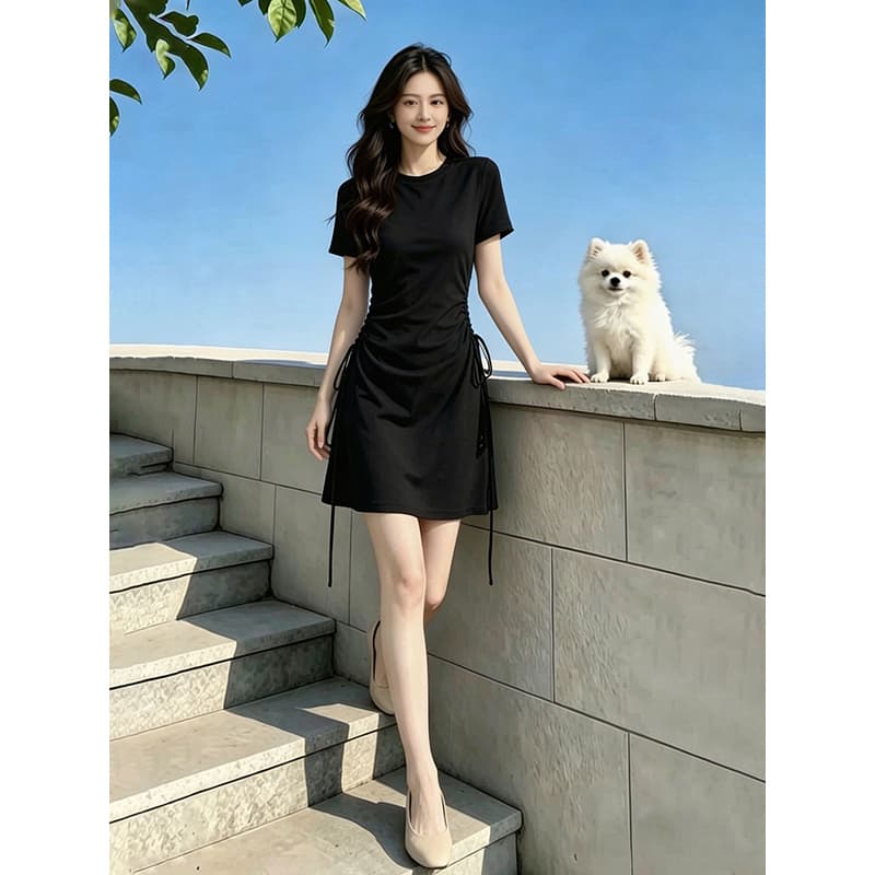 사람들 면 빅 사이즈 반팔 여성 드레스 2026 새로운 여름 펌프 로프 허리 수축 몸매 가꾸기 슬림해 보이는 타이트 스커트 미니 스커트 이미지 5
