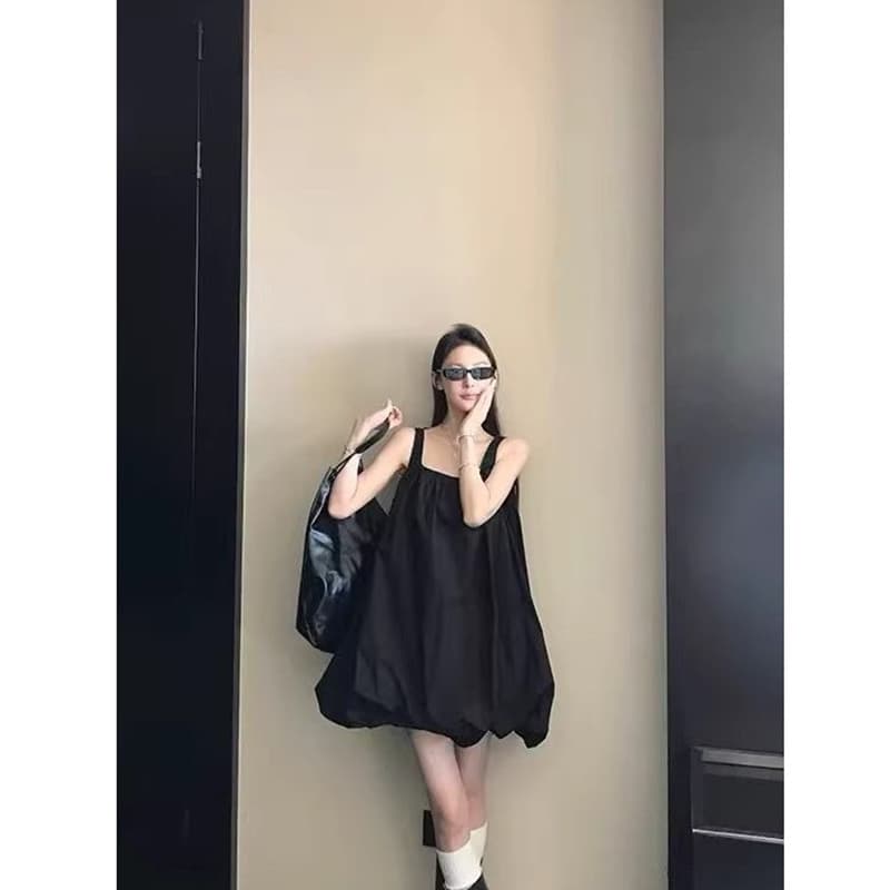 단색 미니멀리즘 화이트 꽃밭 조끼 스커트 여성 여름 새로운 루즈핏 드레스 캐주얼 A라인 스커트 작은 대중 치마 이미지 4