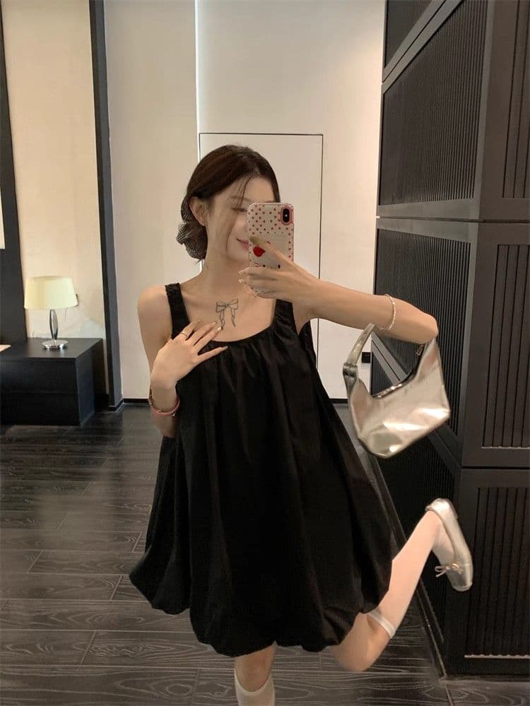 휴가 바람 u 칼라 검정색 캐미솔 여성 드레스 여름 품격 루즈핏 캐주얼 백리스 꽃밭 짧은 치마 상세 이미지 7