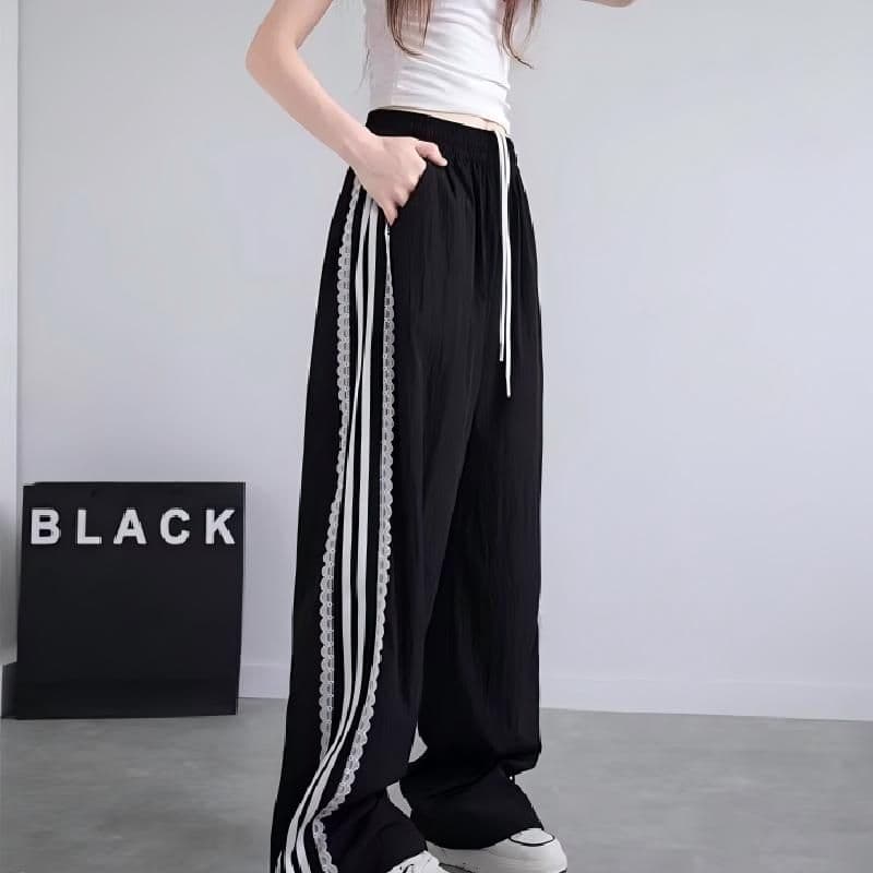 브로케이드 면 주름 디자인 센스 스트라이프 레이스 측면 워크웨어 팬츠 여성 여름 2026 새로운 작은 키 하이웨이스트 작은 대중 Chic