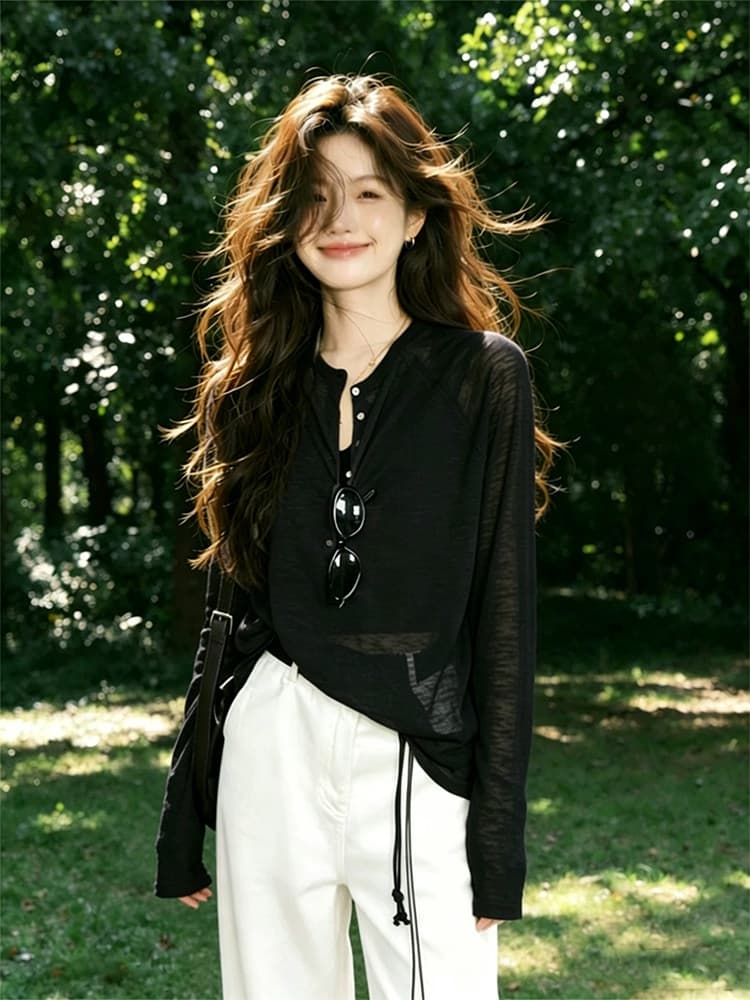 눈꽃 면 얼음 실크 얇은 반 개방 칼라 긴팔 블라우스 여성 의류 여름 자외선 차단 에어컨 셔츠 루즈핏 티셔츠 맨위 상세 이미지 5