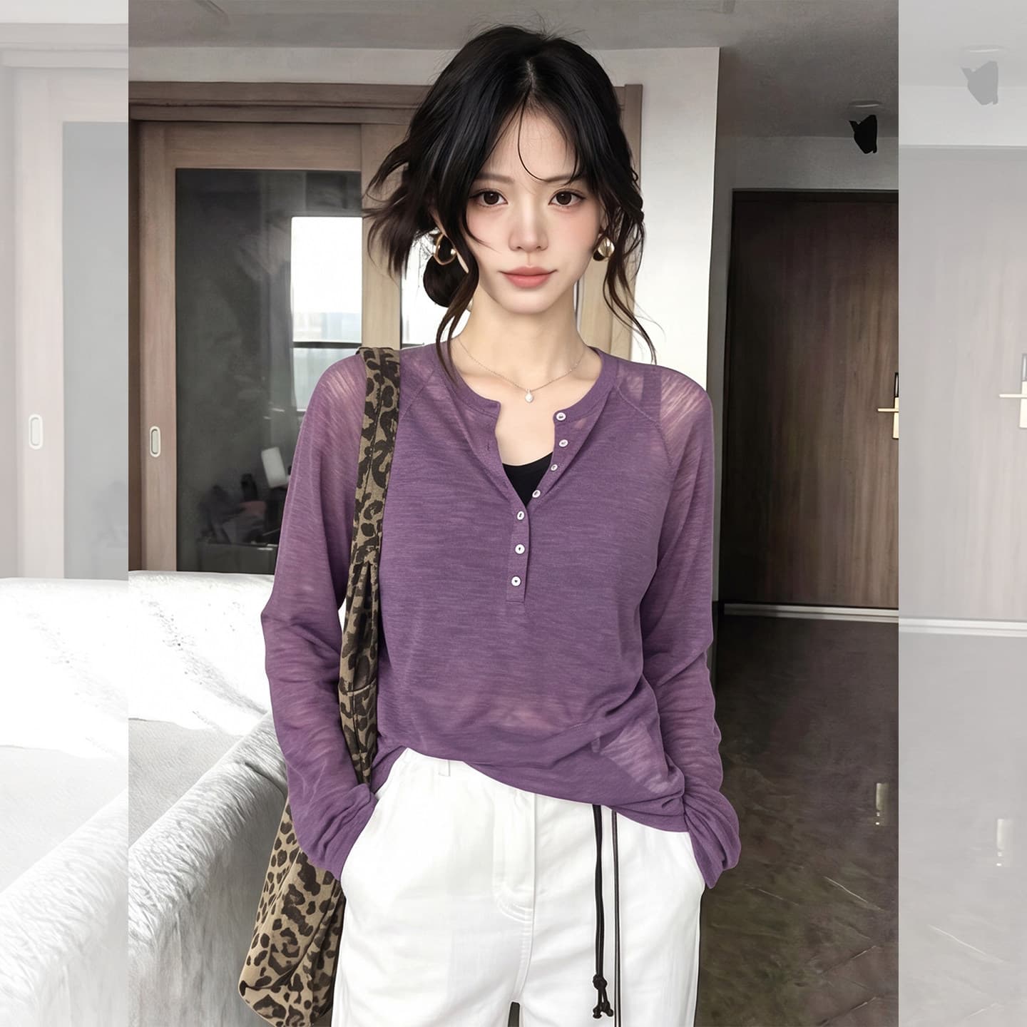 눈꽃 면 분위기 센스 마이크로 ~을 통해 자외선 차단 블라우스 여성 여름 얇은 고급 센스 긴팔 티셔츠 느긋한 바람 맨위 이미지 4