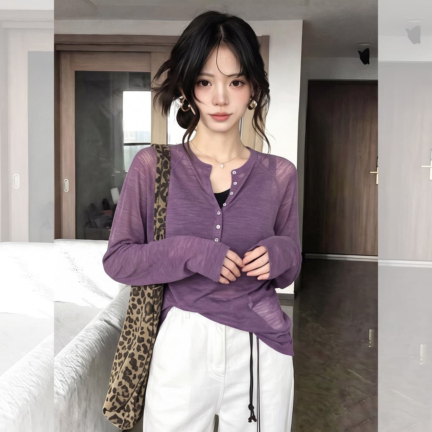 눈꽃 면 분위기 센스 마이크로 ~을 통해 자외선 차단 블라우스 여성 여름 얇은 고급 센스 긴팔 티셔츠 느긋한 바람 맨위 상세 이미지 6