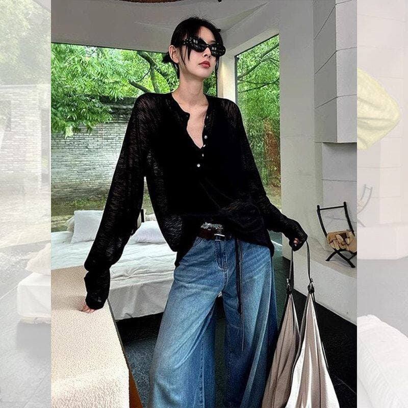 눈꽃 면 느슨함 고급 센스 반 개방 칼라 자외선 차단 긴팔 티셔츠 여성 여름 외출용 얇은 통기성 블라우스 맨위 이미지 4