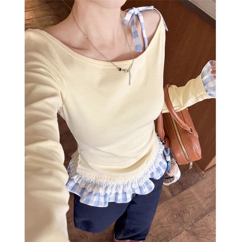 페이크 레이어드 기본 셔츠 여성 26 여름 새로운 작은 키 몸매 가꾸기 레이스 인사이드 가져 가라. 긴팔 맨위 이미지 4