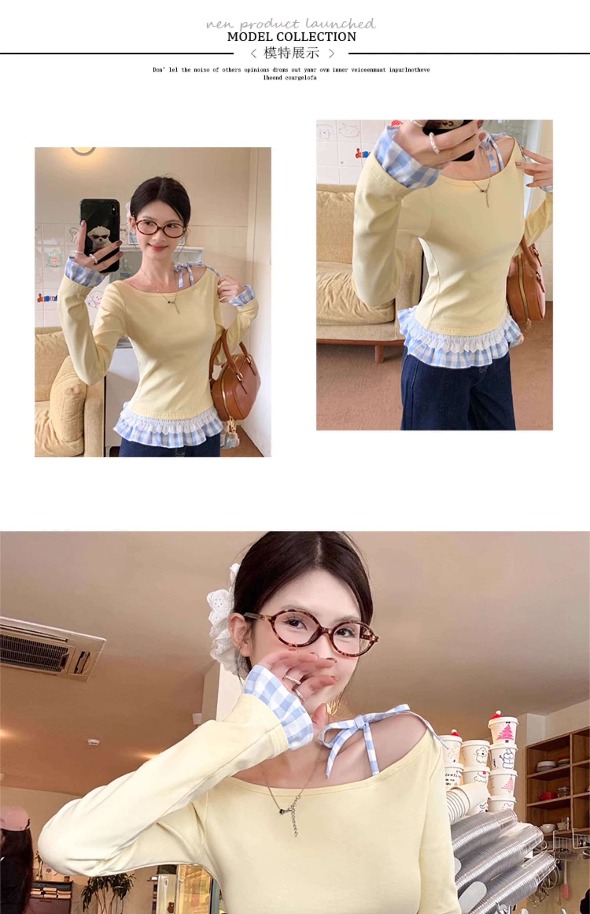 페이크 레이어드 기본 셔츠 여성 26 여름 새로운 작은 키 몸매 가꾸기 레이스 인사이드 가져 가라. 긴팔 맨위 상세 이미지 2