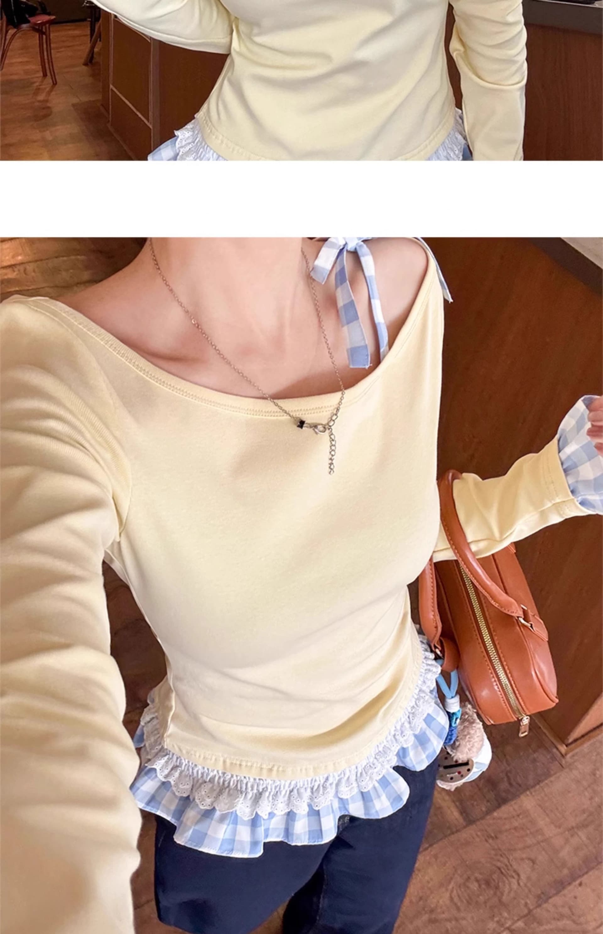 페이크 레이어드 기본 셔츠 여성 26 여름 새로운 작은 키 몸매 가꾸기 레이스 인사이드 가져 가라. 긴팔 맨위 상세 이미지 13