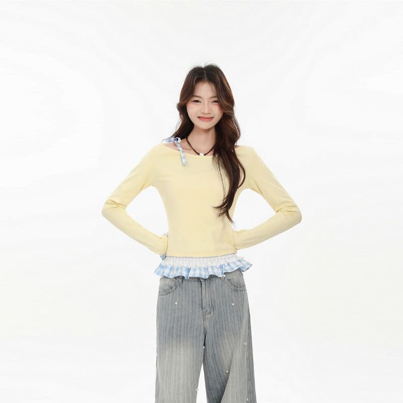 비스듬한 어깨 긴팔 티셔츠 여성 26 새로운 여름 슬림해 보이는 인사이드 가져 가라. Chic 아름다운 몸매 가꾸기 맨위 이미지 4