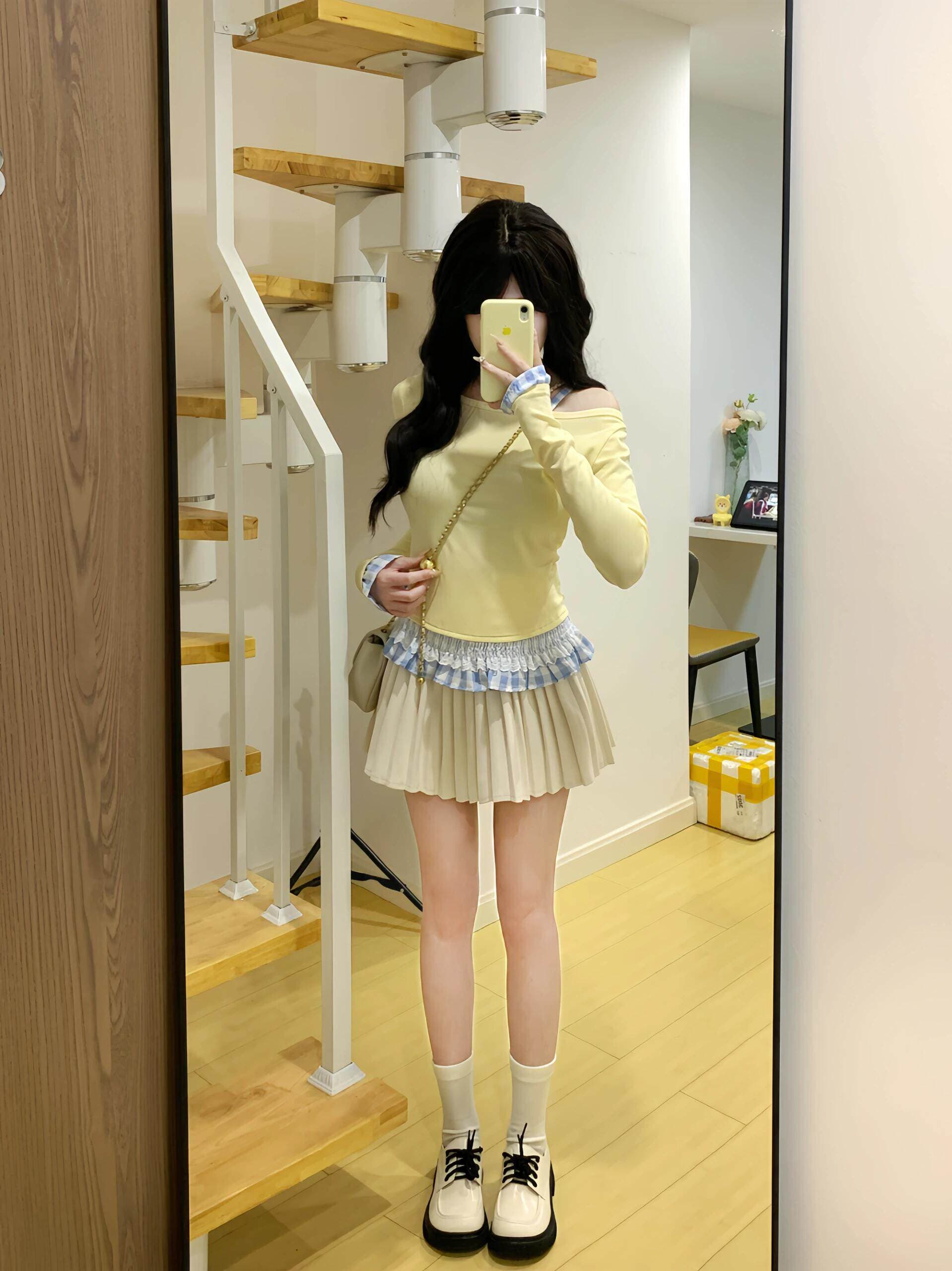 페이크 레이어드 레이스 체크무늬 비스듬한 오프숄더 긴팔 티셔츠 맨위 플리츠 반신 미니 스커트 26 새로운 이미지 2