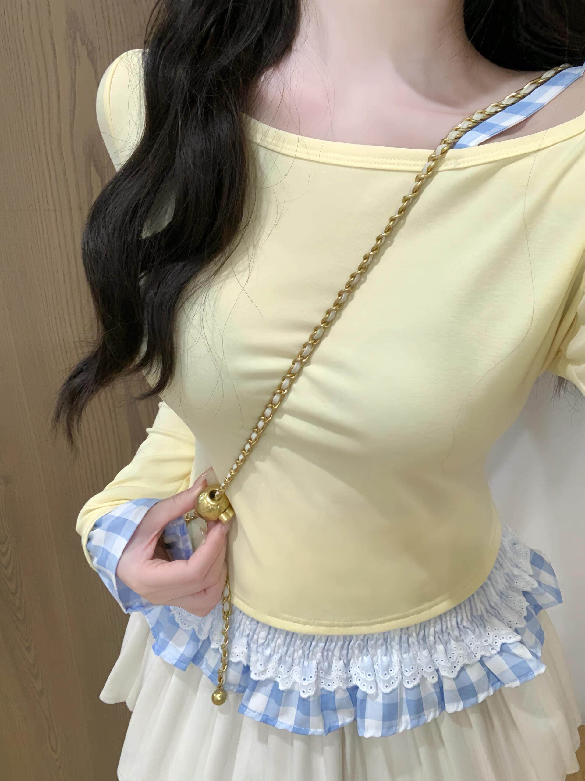 페이크 레이어드 레이스 체크무늬 비스듬한 오프숄더 긴팔 티셔츠 맨위 플리츠 반신 미니 스커트 26 새로운 상세 이미지 2