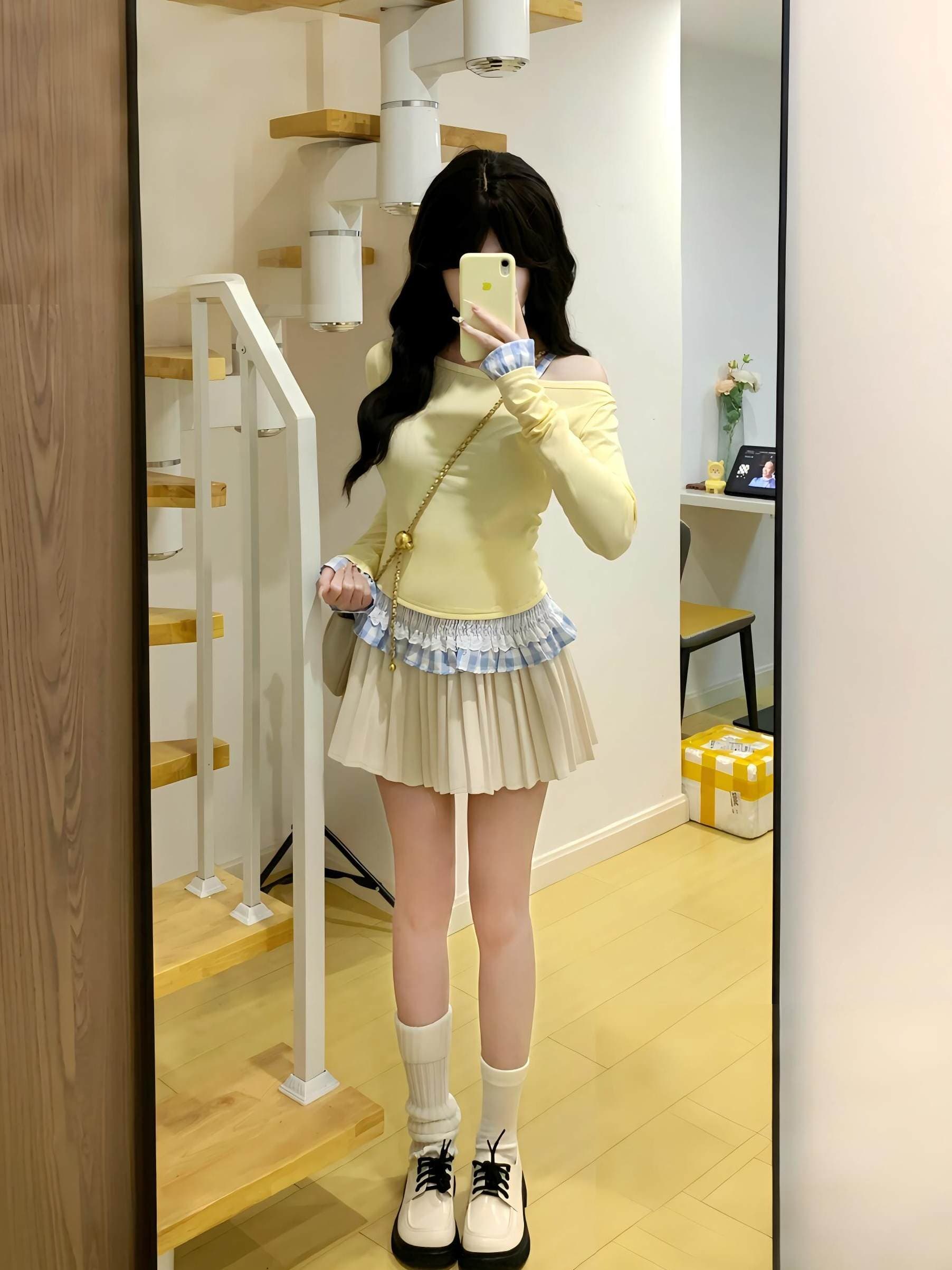 페이크 레이어드 레이스 체크무늬 비스듬한 오프숄더 긴팔 티셔츠 맨위 플리츠 반신 미니 스커트 26 새로운 상세 이미지 5
