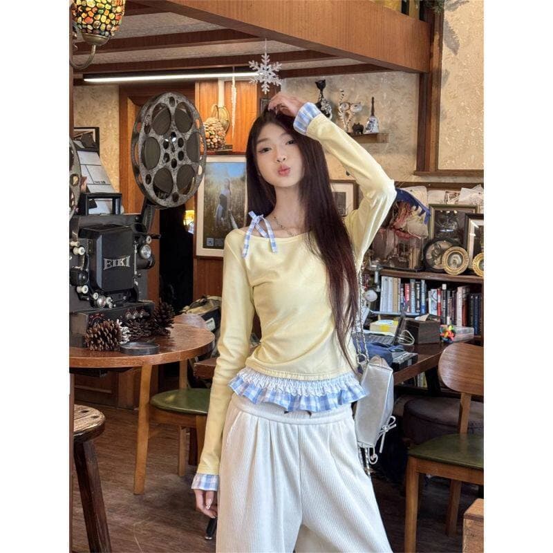 원본 솜씨 페이크 레이어드 여성 26 새로운 작은 키 몸매 가꾸기 상의 레이스 인사이드 가져 가라. 긴팔 티셔츠 맨위 상세 이미지 4