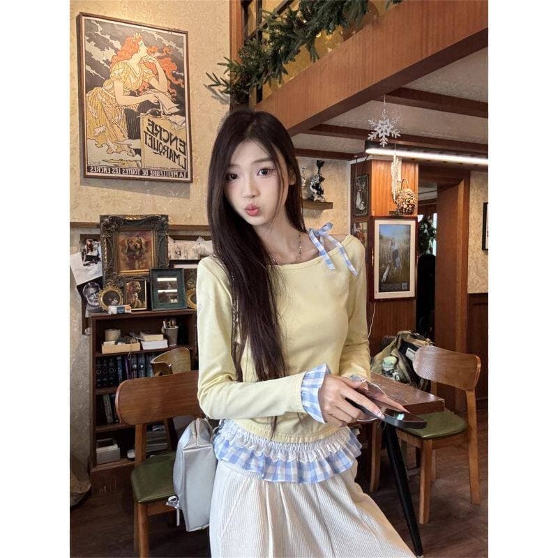 원본 솜씨 페이크 레이어드 여성 26 새로운 작은 키 몸매 가꾸기 상의 레이스 인사이드 가져 가라. 긴팔 티셔츠 맨위 상세 이미지 6
