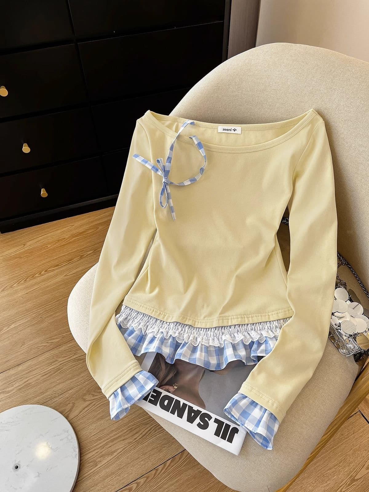 원본 솜씨 페이크 레이어드 긴팔 티셔츠 작은 대중 패치워크 체크무늬 인사이드 가져 가라. 기본 셔츠 쇼트 스타일 다용도 맨위 상세 이미지 2