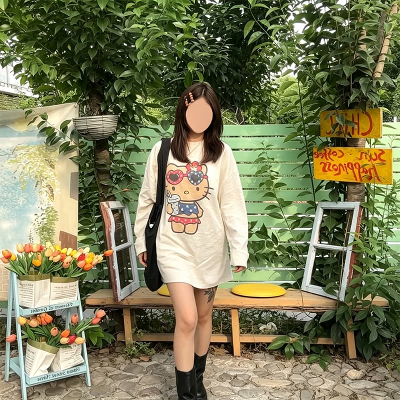 주간 실크 아마 평직 캐주얼 느긋한 귀여운 새끼 고양이 프린트 티셔츠 긴팔 몸매 가꾸기 슬림해 보이는 여름 착용 가져 가라. 이미지 5