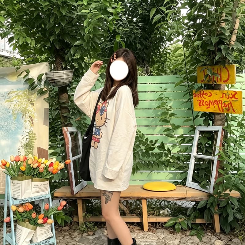 주간 실크 아마 평직 캐주얼 느긋한 귀여운 새끼 고양이 프린트 티셔츠 긴팔 몸매 가꾸기 슬림해 보이는 여름 착용 가져 가라.