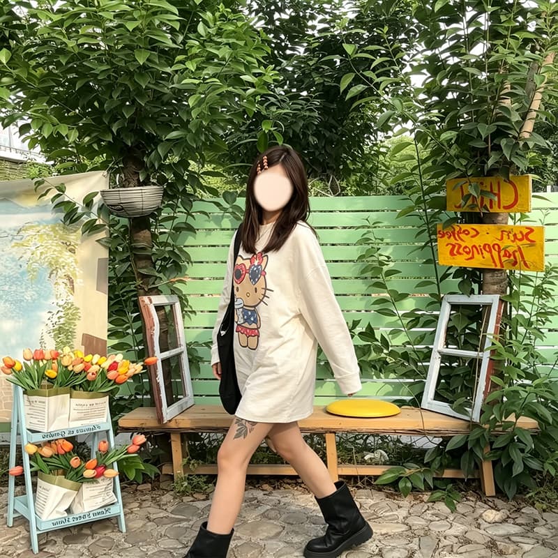 주간 실크 아마 평직 캐주얼 느긋한 귀여운 새끼 고양이 프린트 티셔츠 긴팔 몸매 가꾸기 슬림해 보이는 여름 착용 가져 가라. 상세 이미지 3
