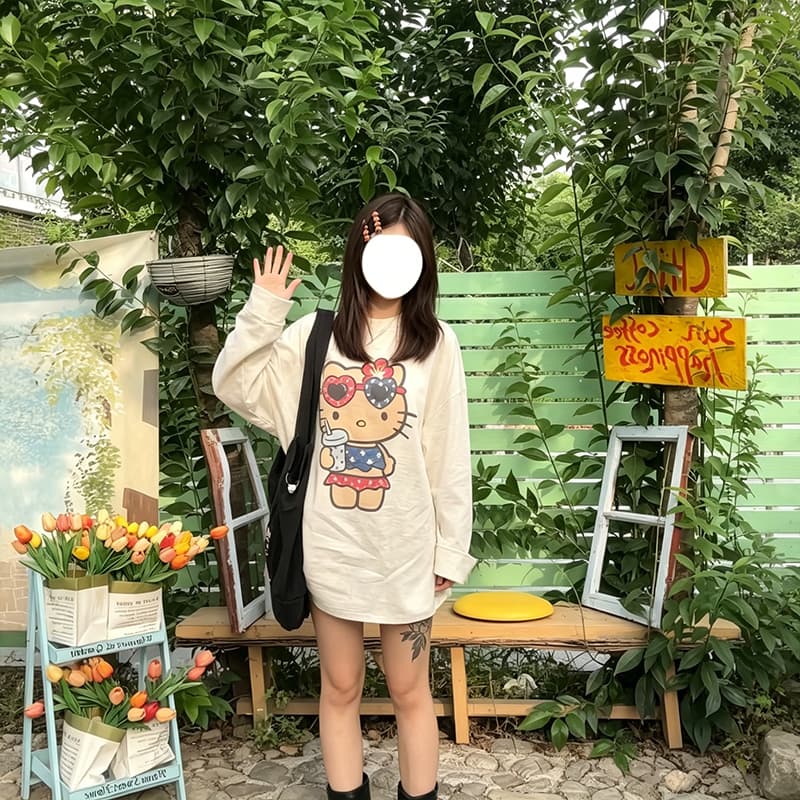 주간 실크 아마 평직 캐주얼 느긋한 귀여운 새끼 고양이 프린트 티셔츠 긴팔 몸매 가꾸기 슬림해 보이는 여름 착용 가져 가라. 상세 이미지 4
