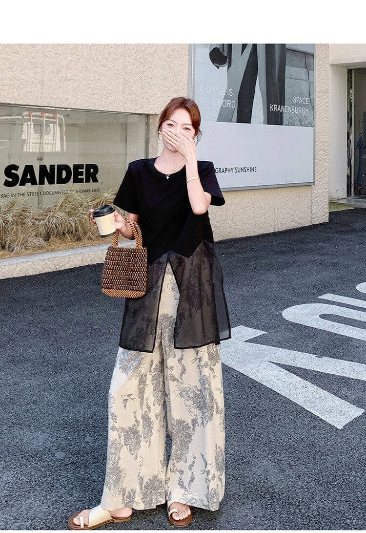 차가운 실크 차가운 면 리브 고급 센스 패치워크 측면 트임 반팔 티셔츠 여성 26 여름 새로운 슬림해 보이는 티셔츠 맨위 상세 이미지 12