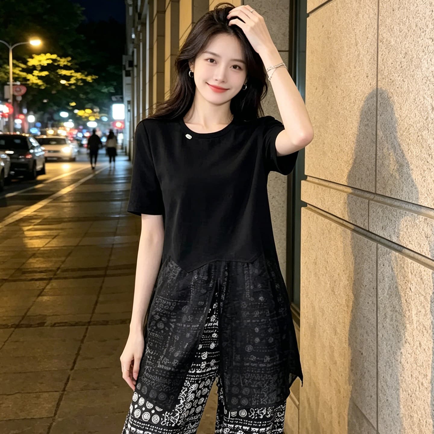 차가운 실크 차가운 면 리브 작은 대중 반팔 티셔츠 여성 26 여름 새로운 망사 패치워크 검정색 중간 길이 켜기 길다 상세 이미지 4