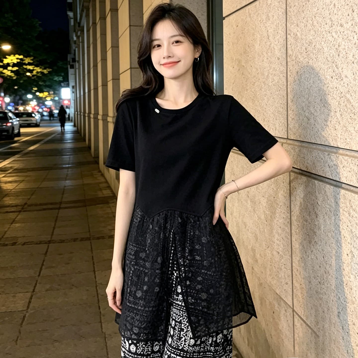 차가운 실크 차가운 면 리브 작은 대중 반팔 티셔츠 여성 26 여름 새로운 망사 패치워크 검정색 중간 길이 켜기 길다 상세 이미지 7