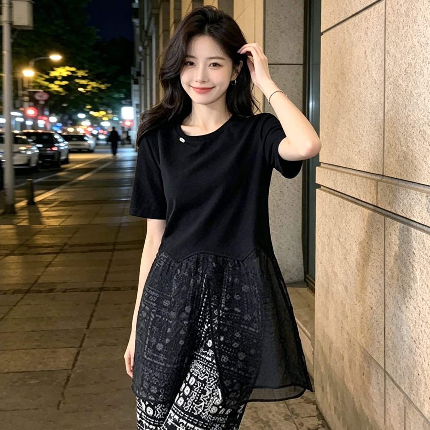 차가운 실크 차가운 면 리브 작은 대중 반팔 티셔츠 여성 26 여름 새로운 망사 패치워크 검정색 중간 길이 켜기 길다 상세 이미지 12