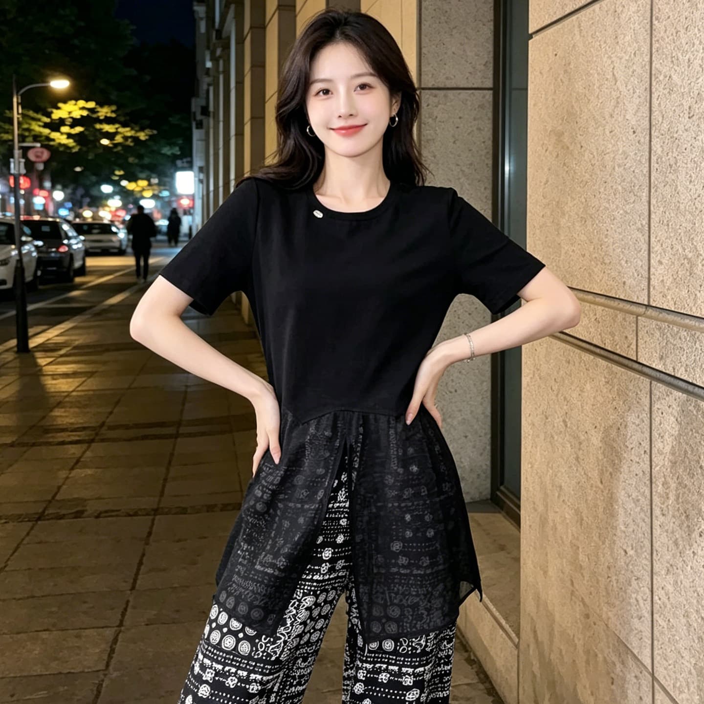 차가운 실크 차가운 면 리브 작은 대중 반팔 티셔츠 여성 26 여름 새로운 망사 패치워크 검정색 중간 길이 켜기 길다