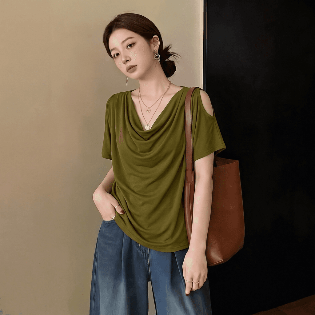 사람들 면 와 사고 방식 2026 여름 흔들다 칼라 반팔 티셔츠 패션 여성 여름 새로운 루즈핏 표지 배 맨위 상세 이미지 3
