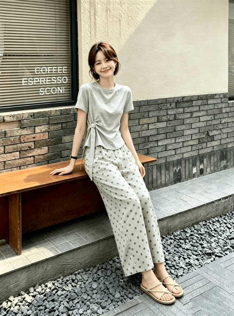 차가운 실크 차가운 면 2026 여름 새로운 한 부서 패션 회색 맨위 도트 무늬 캐주얼 바지 투피스 세트 세트 상세 이미지 9