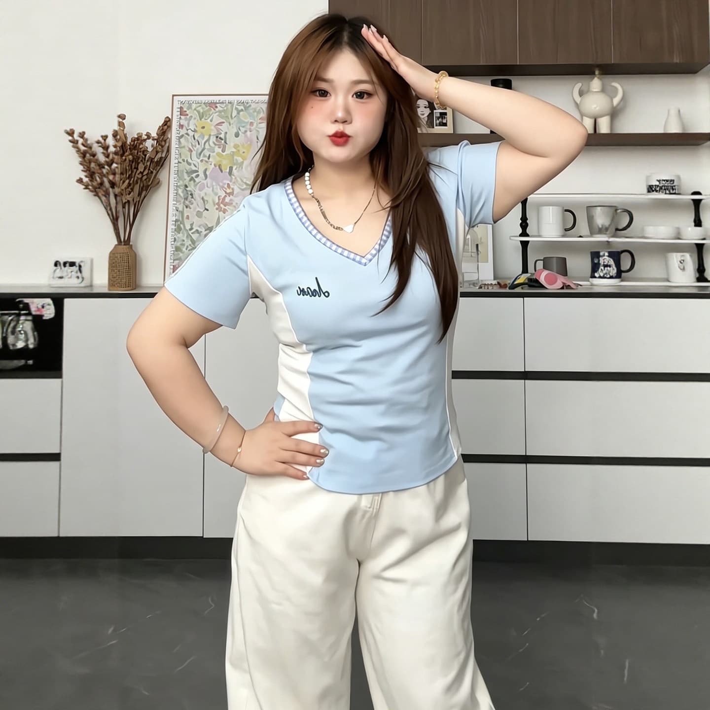 면 리브 빅 사이즈 여성 의류 패치워크 긍정적 인 어깨 V넥 반팔 티셔츠 26 아모이 슬림해 보이는 다용도 맨위 이미지 3