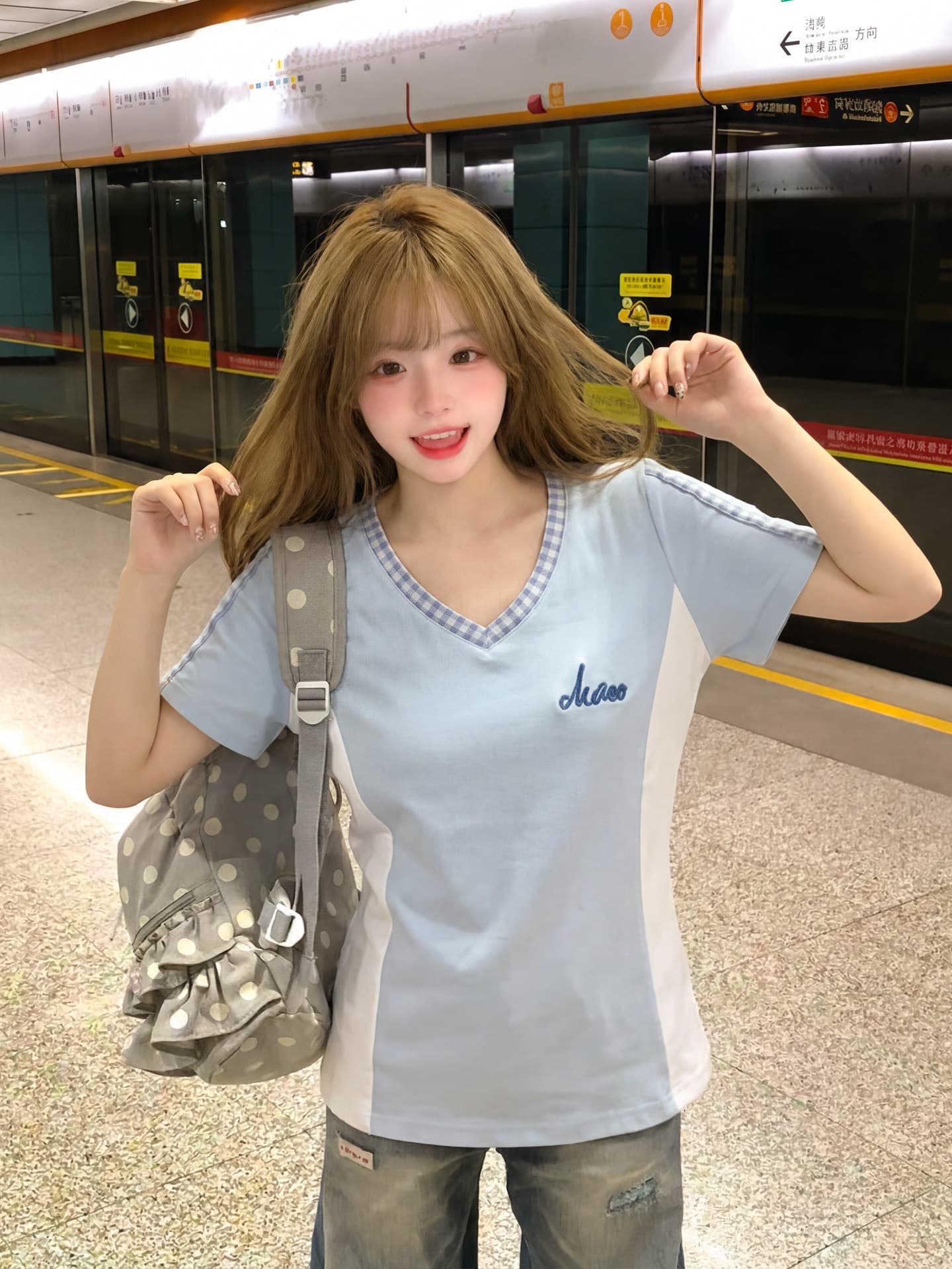 리브 고급 센스 파란색 V넥 반팔 티셔츠 여성 여름 허리 수축 슬림해 보이는 다용도 아름다운 맨위 상세 이미지 3